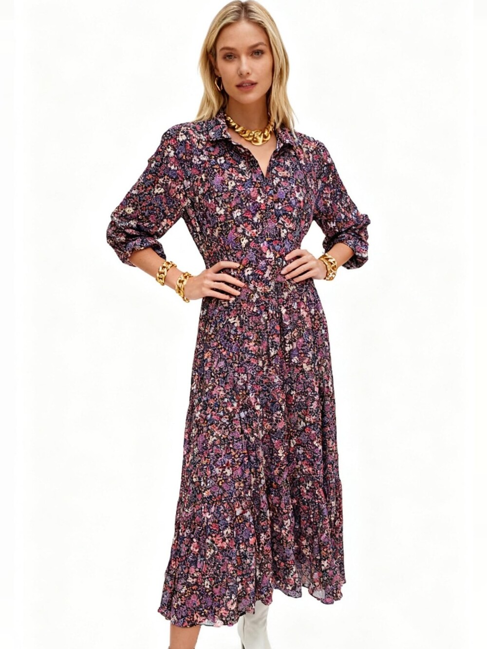 Natural Life Floral Long-Sleeve Button-Front Midi Dress Size XL